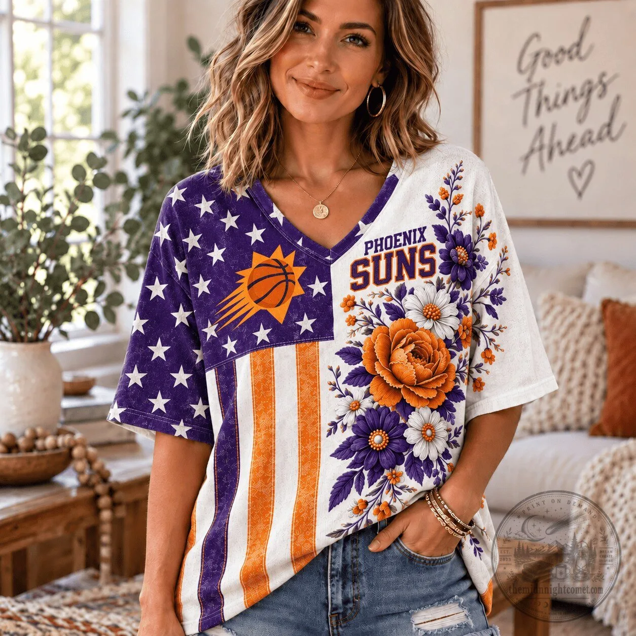 Phoenix Suns NBA Fan Shirt for Women, Patriotic Floral V-Neck T-Shirt