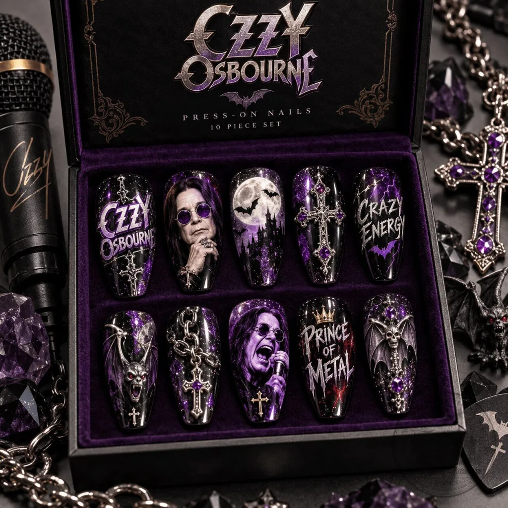 Ozzy Osbourne Crazy Train Gothic Portrait Press-On Nails Set for Heavy Metal Fans Ozzy Osbourne Crazy Train Gothic Portrait Press-On Nails Set for Heavy Metal Fans