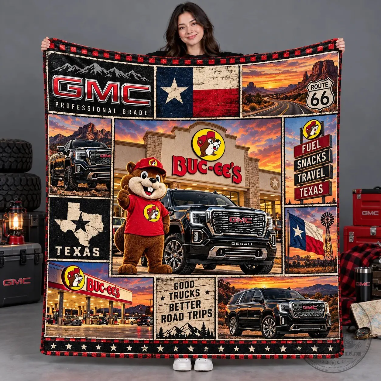 Buc-ee's GMC Texas Flag Black Trucks Fleece Blanket For Sunset Road Trip Fans