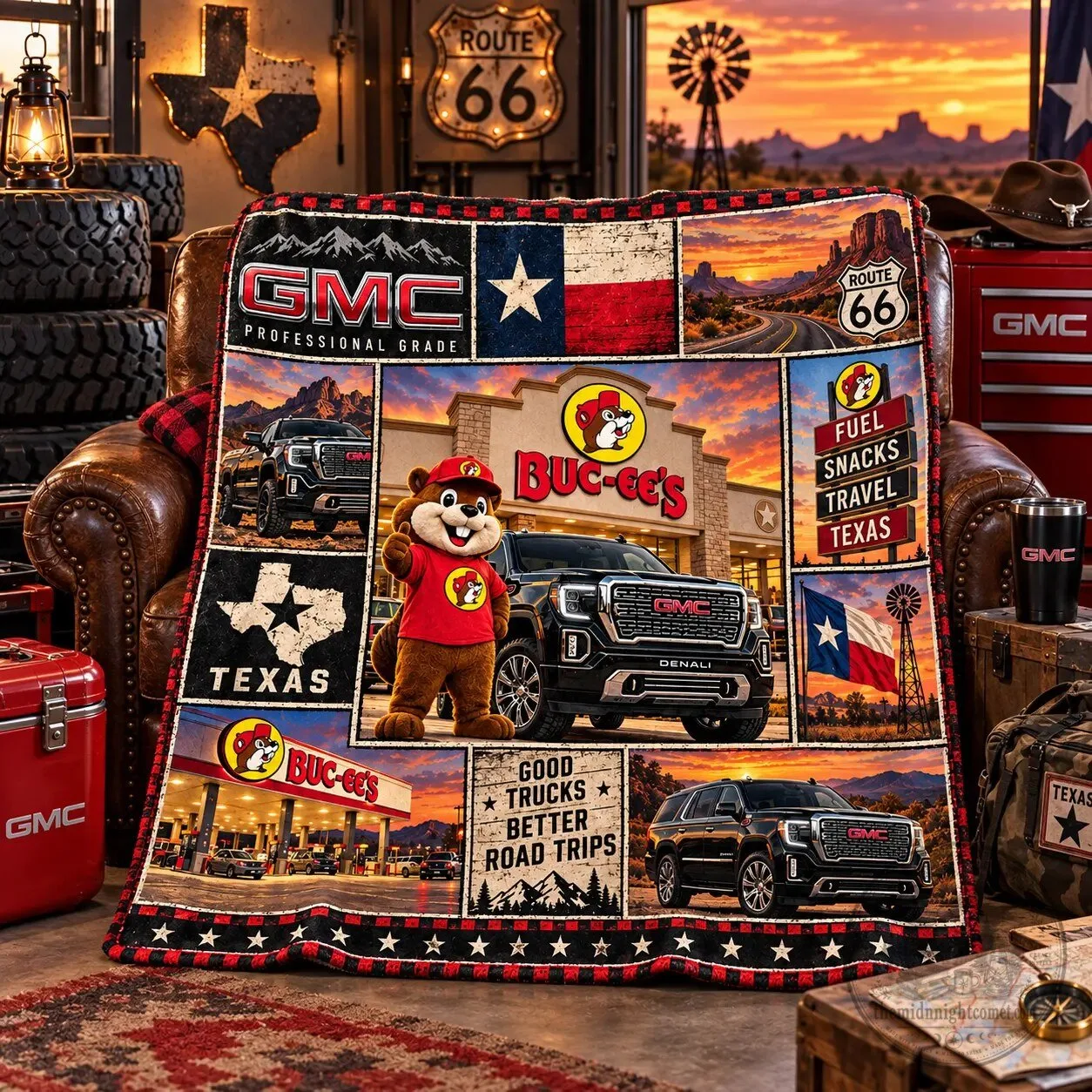 Buc-ee's GMC Texas Flag Black Trucks Fleece Blanket For Sunset Road Trip Fans 3 Buc-ee