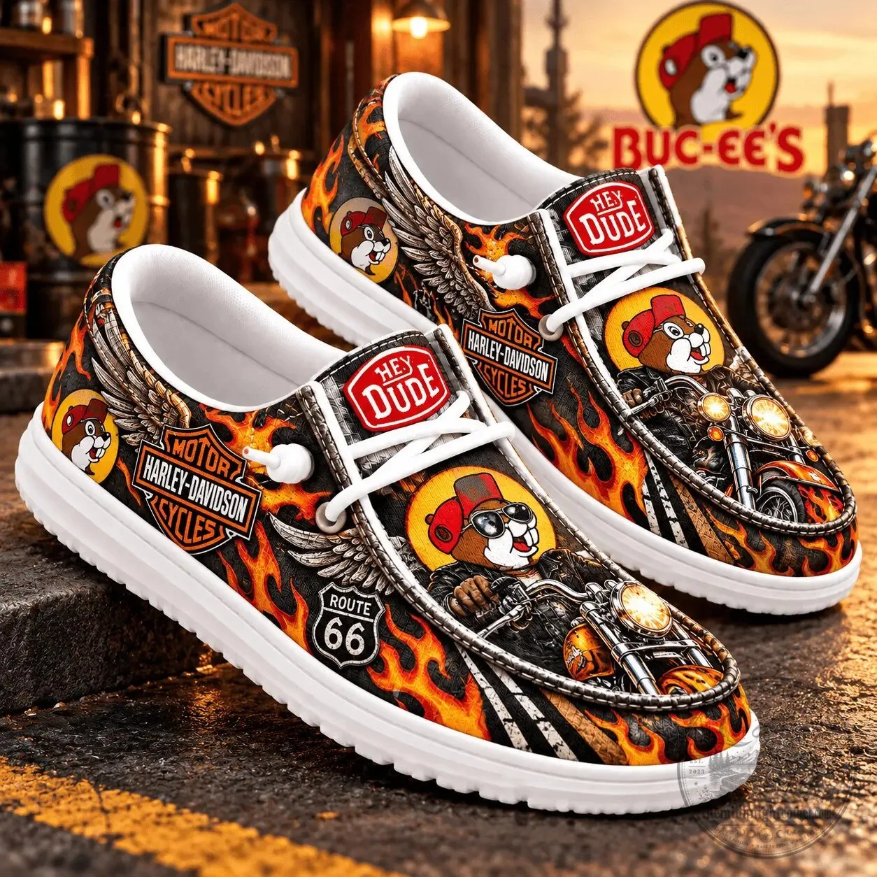 Buc-ee's Harley-Davidson Route 66 Biker Flame Pattern Shoes
