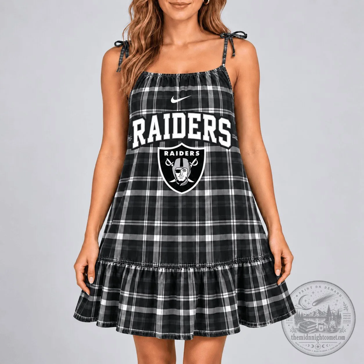 Las Vegas Raiders Plaid Tie-Strap Ruffle Hem Dress