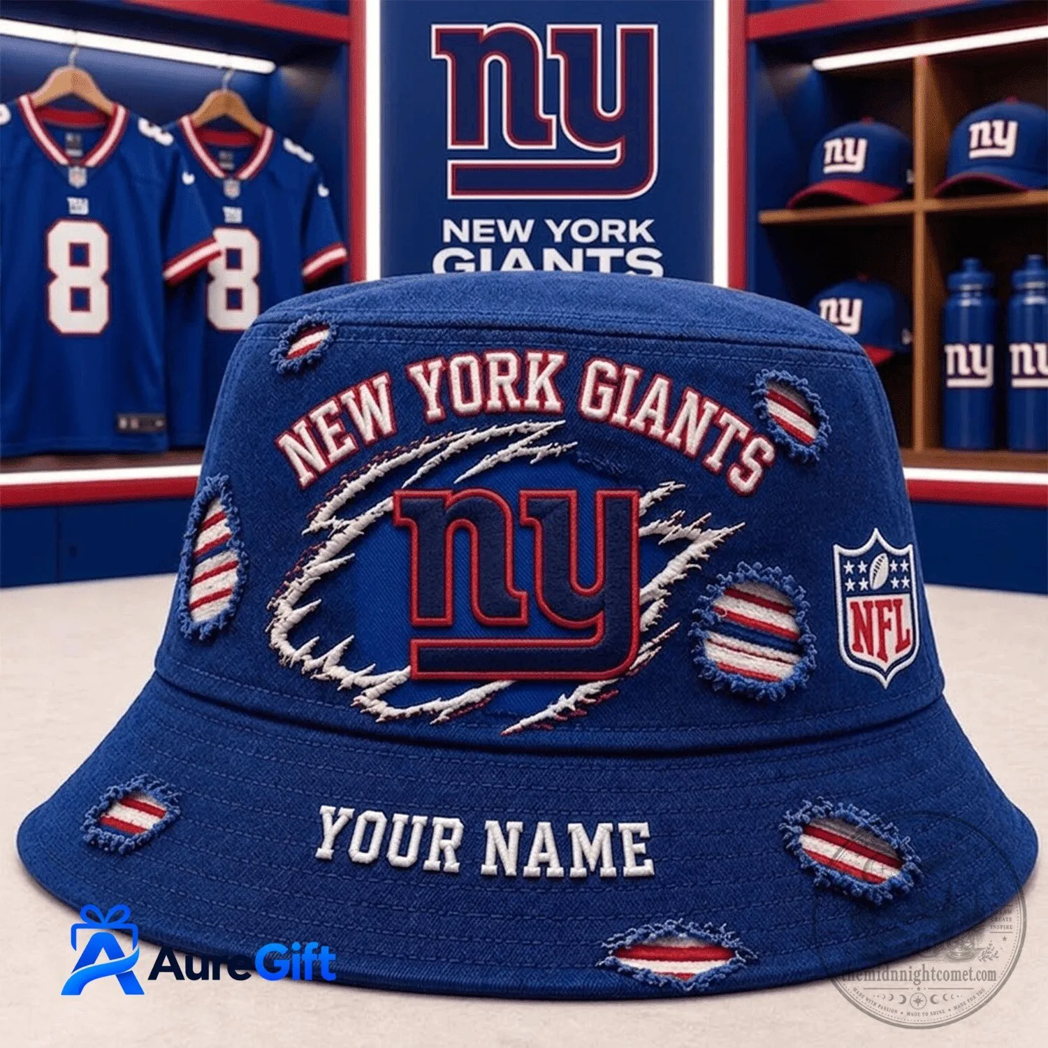 New York Giants Personalized Distressed Style Blue Bucket Hat