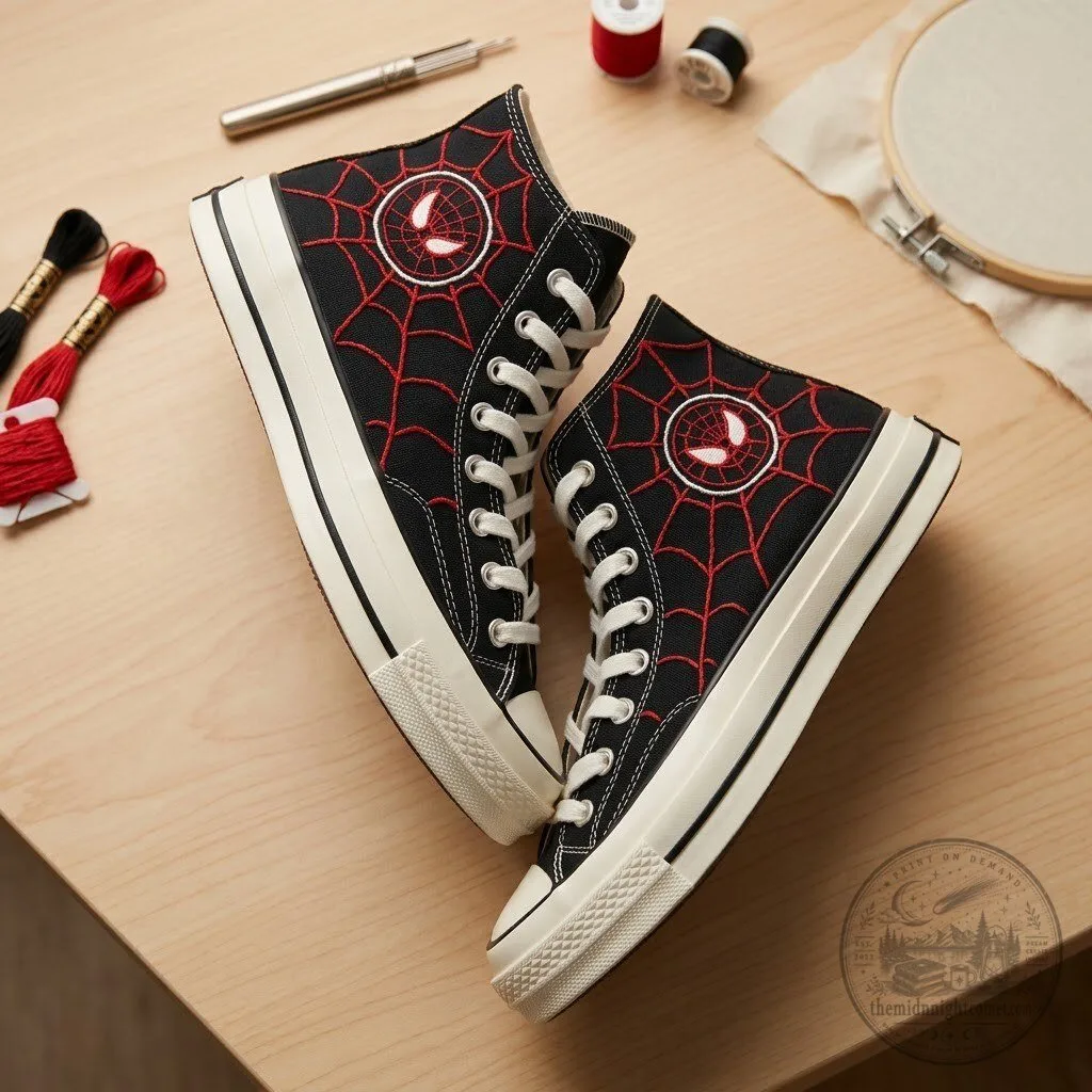 Spider-Man Web Logo Embroidered Black High-Top Canvas Shoes