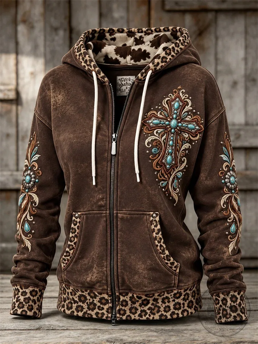 Vintage Western Turquoise Cross Leopard Print Full Zip Hoodie 1 Vintage Western Turquoise Cross Leopard Print Full Zip Hoodie