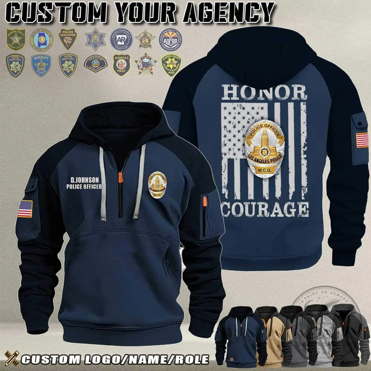 Custom Police Officer Honor Courage American Flag Half-Zip Hoodie