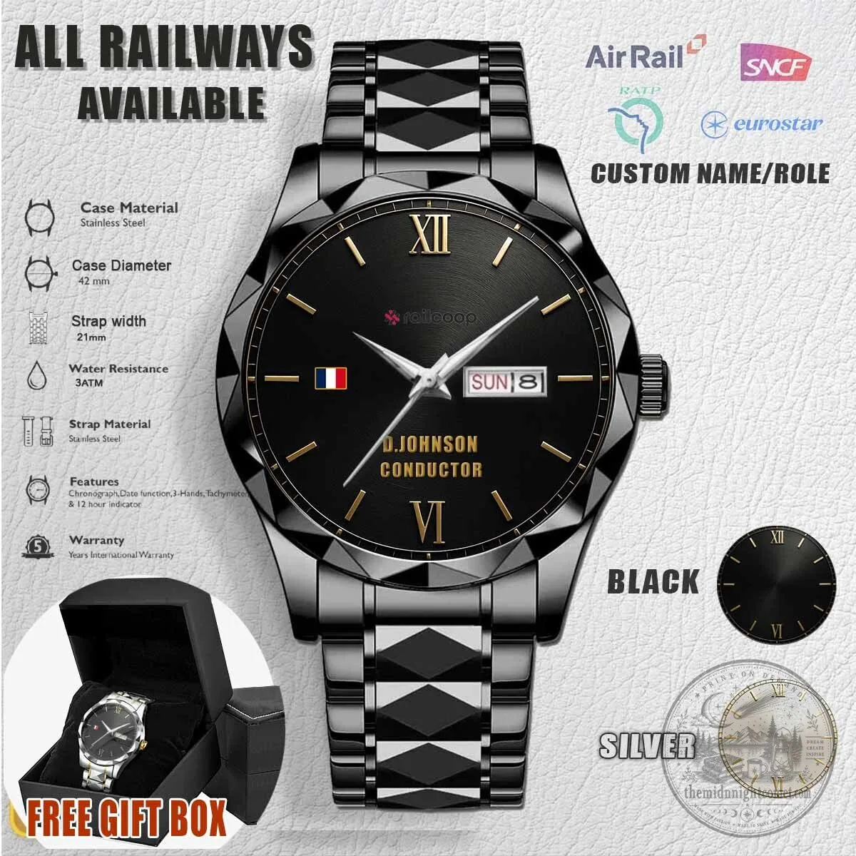 Railcoop Stainless Steel Watch with Custom Name and Role for Railway Enthusiasts