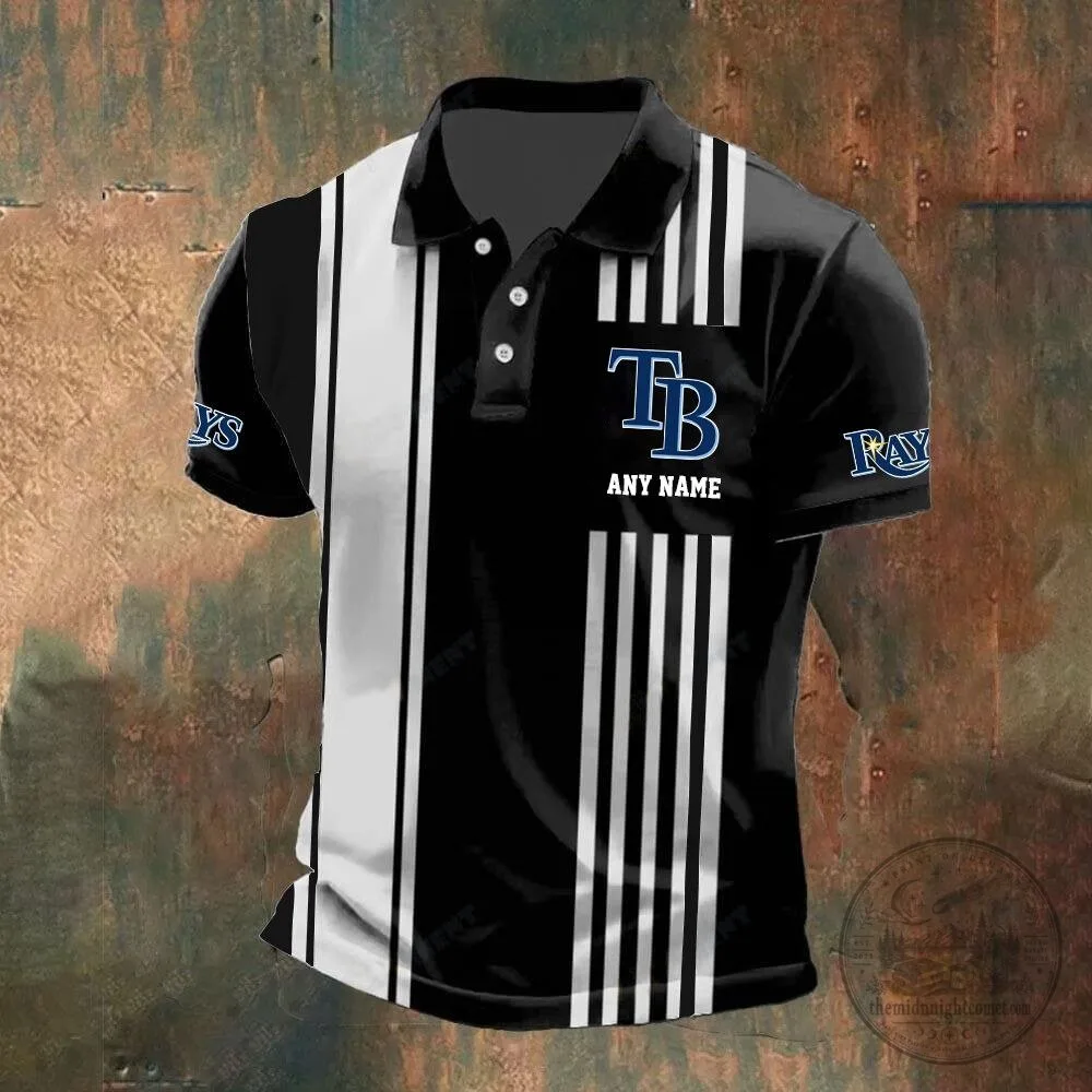 Tampa Bay Rays Personalized Striped Black and White Baseball Polo Shirt