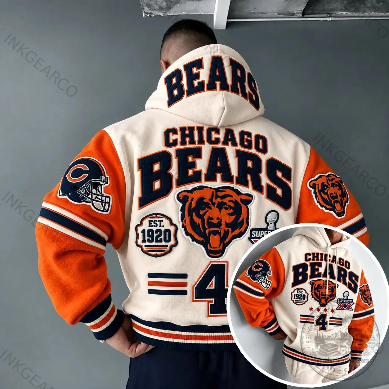 Chicago Bears NFL Football Team Logo Cream and Orange Varsity Hoodie