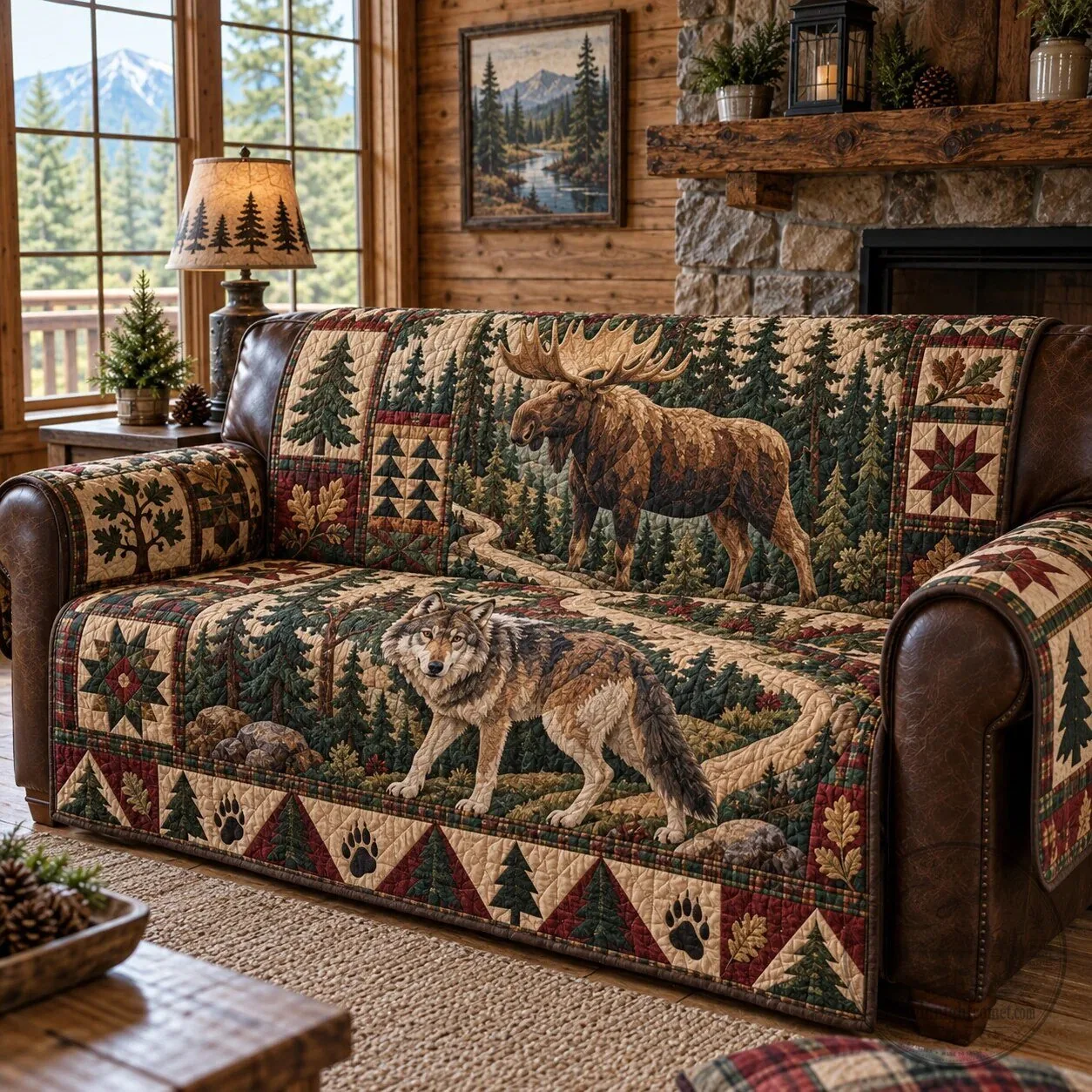 Rustic Woodland Moose and Wolf Wildlife Quilted Sofa Cover