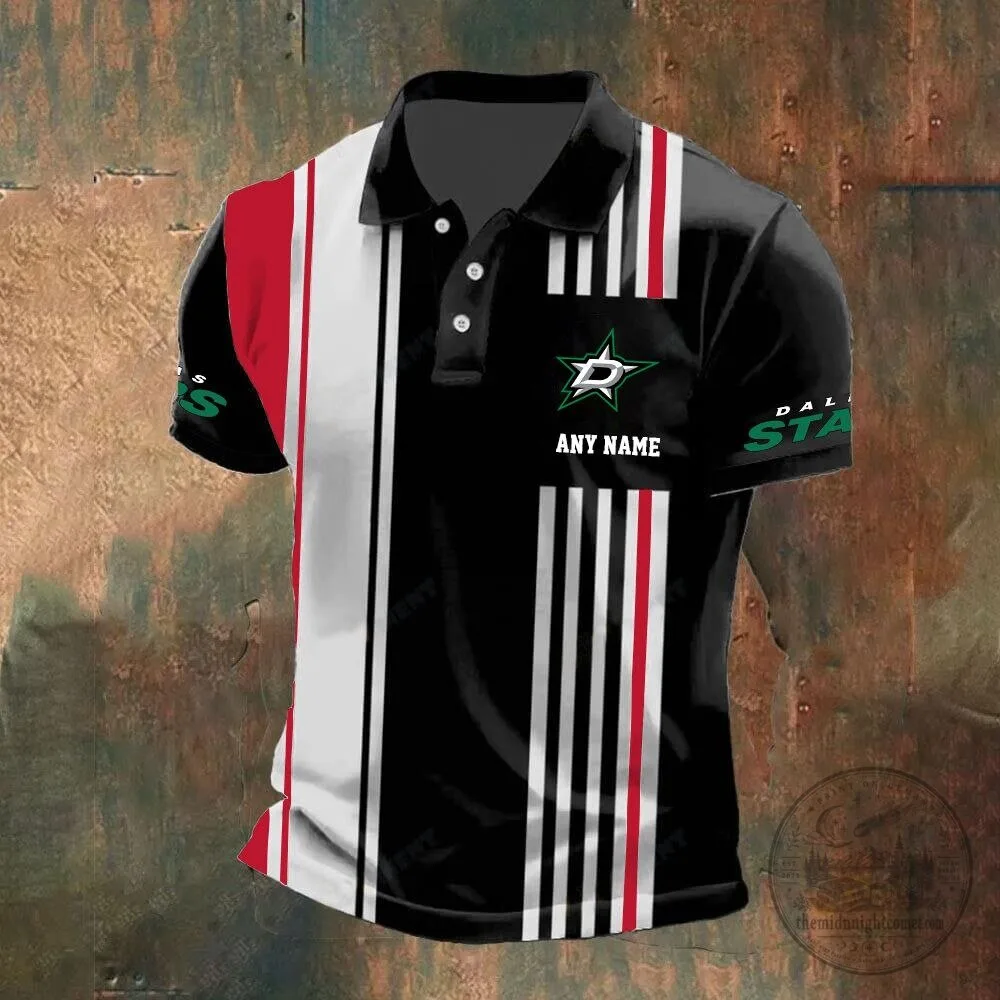 Dallas Stars Personalized Name Striped Black and White Polo Shirt 12 Dallas Stars Personalized Name Striped Black and White Polo Shirt