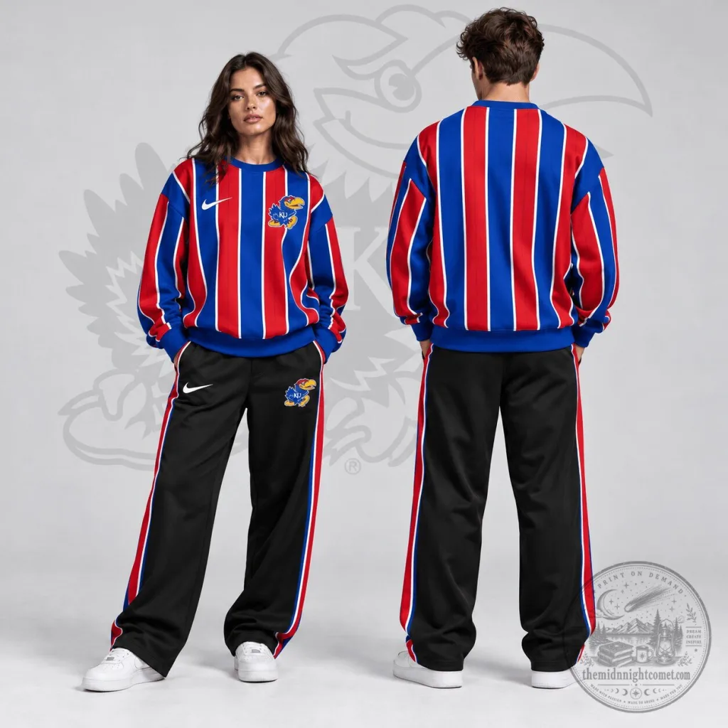 Kansas Jayhawks Red Blue Striped Crewneck Sweatshirt and Black Track Pants Set Kansas Jayhawks Red Blue Striped Crewneck Sweatshirt and Black Track Pants Set