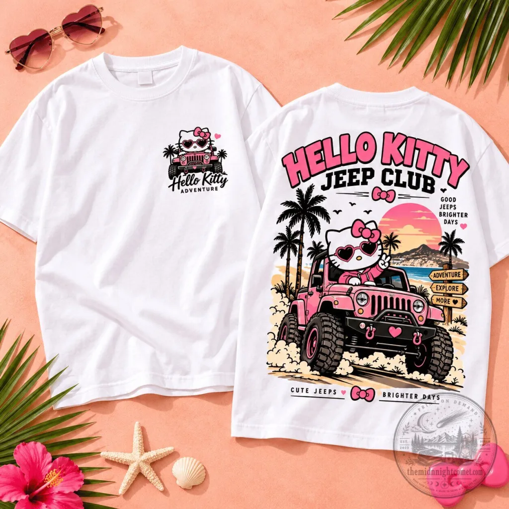 Hello Kitty Jeep Club Pink Adventure Graphic T-Shirt for Women Hello Kitty Jeep Club Pink Adventure Graphic T-Shirt for Women