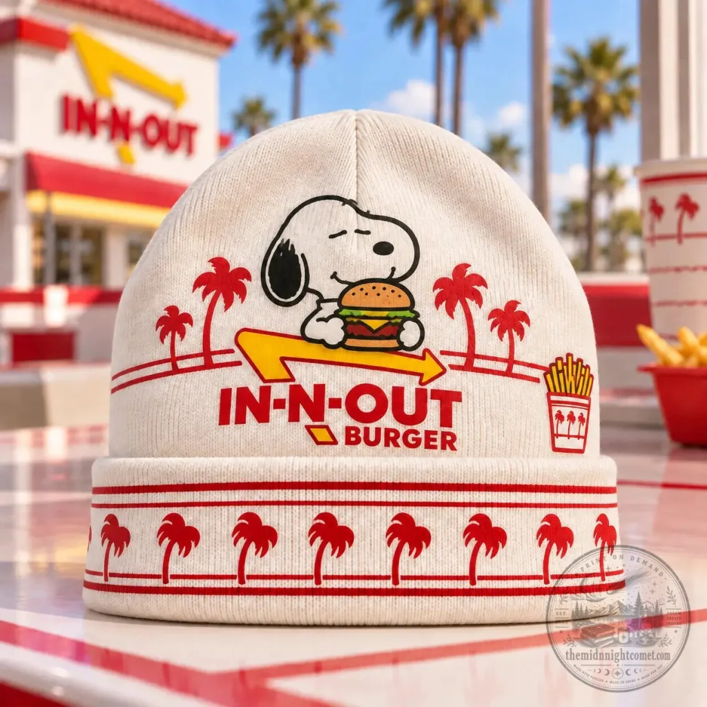 In-N-Out Burger Snoopy Eating Hamburger and Palm Trees Beanie Hat In-N-Out Burger Snoopy Eating Hamburger and Palm Trees Beanie Hat