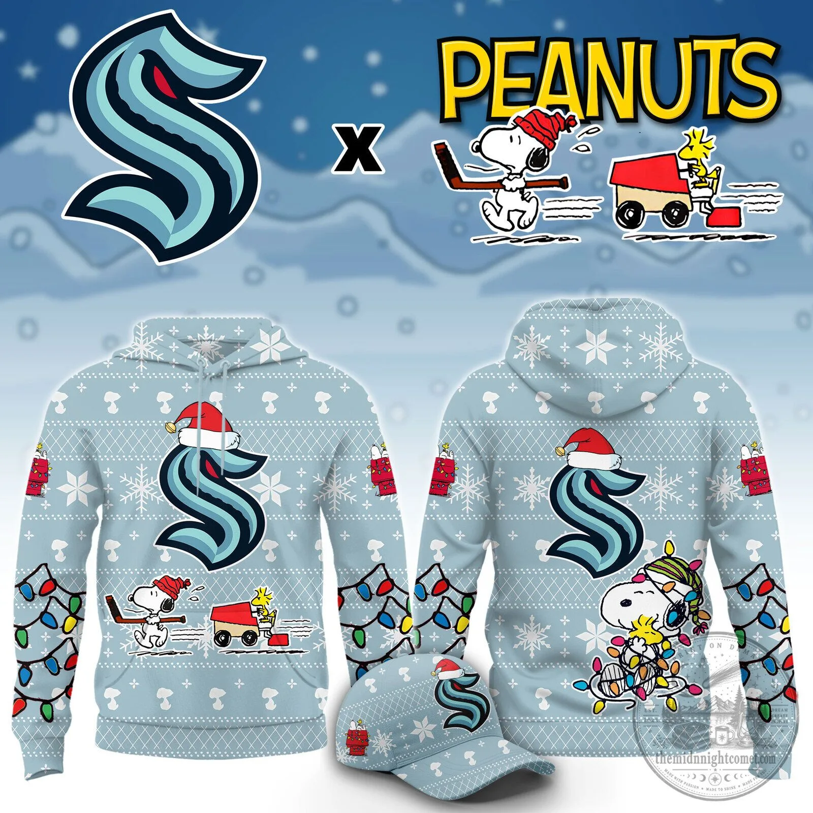 Seattle Kraken Peanuts Snoopy Christmas Holiday Ugly Sweater Hoodie