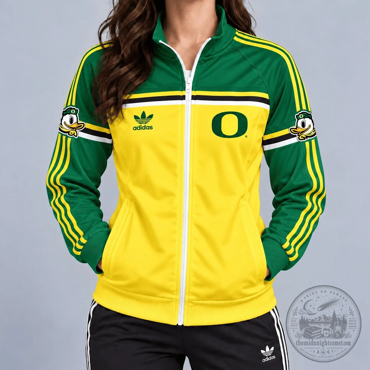 Oregon Ducks NCAA Collegiate Football Team Green and Yellow Adidas Track Jacket 2 Oregon Ducks NCAA Collegiate Football Team Green and Yellow Adidas Track Jacket