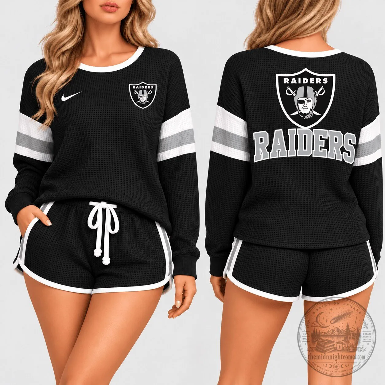 Las Vegas Raiders Black Waffle Knit Long Sleeve Top and Shorts Set